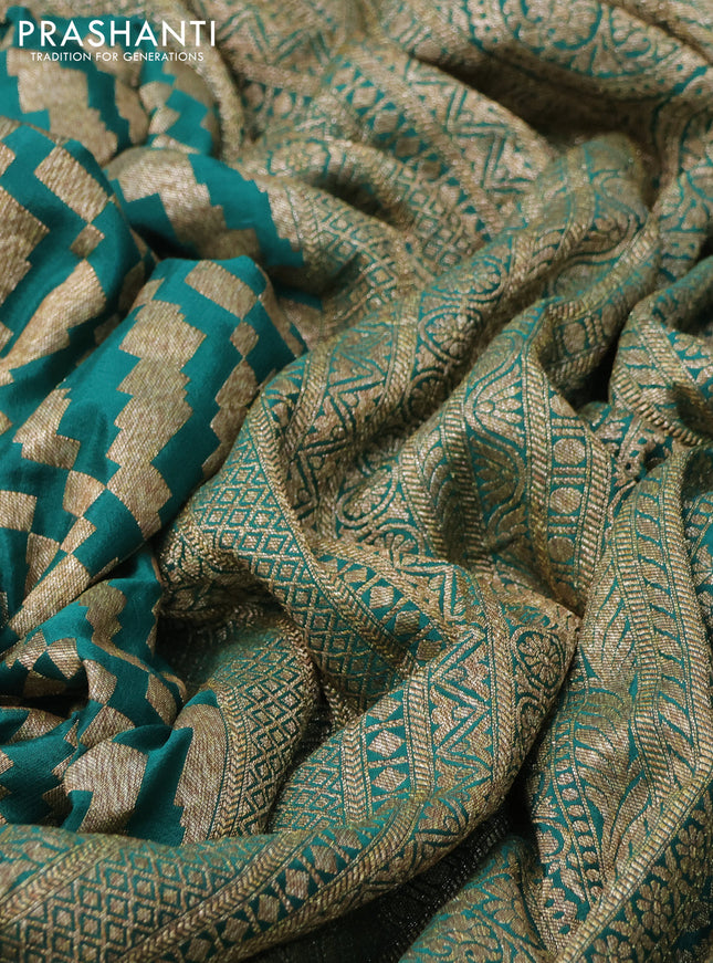 Banarasi crepe saree green and peacock blue with allover geometric zari weaves and woven border