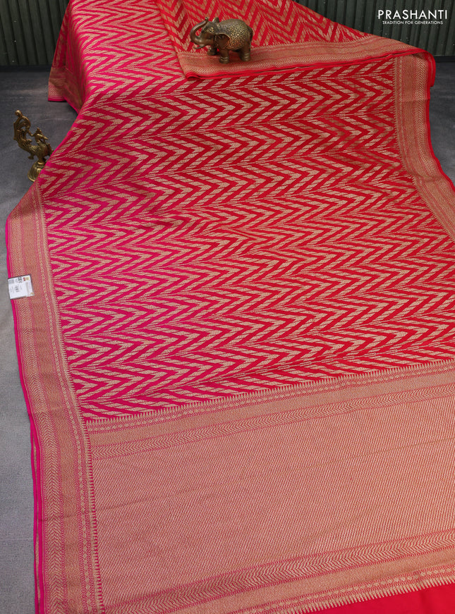 Banarasi crepe saree red and pink with allover geometric zari weaves and woven border