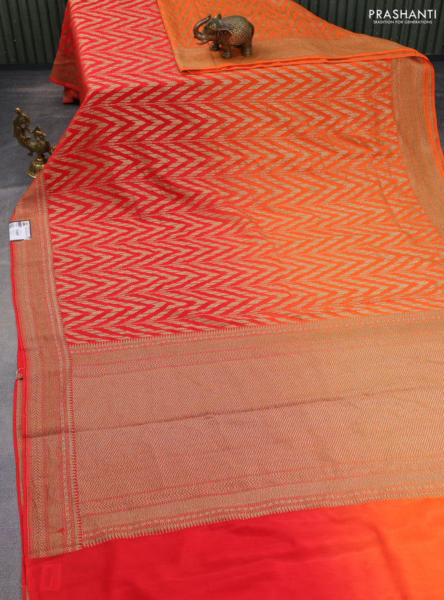 Banarasi crepe saree orange and red with allover geometric zari weaves and woven border
