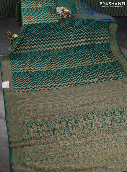 Banarasi crepe saree green and cs blue with allover geometric zari weaves and woven border