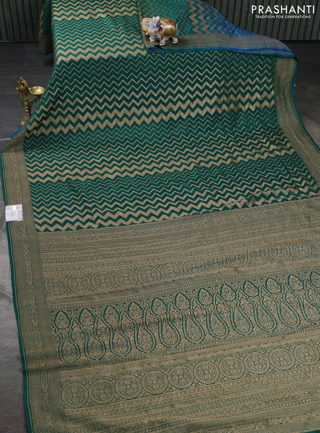Banarasi crepe saree green and cs blue with allover geometric zari weaves and woven border