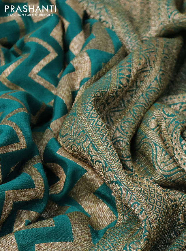 Banarasi crepe saree green and cs blue with allover geometric zari weaves and woven border