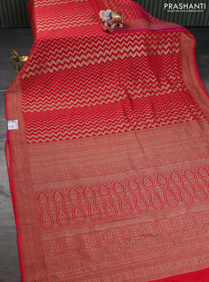 Banarasi crepe saree red and pink with allover geometric zari weaves and woven border