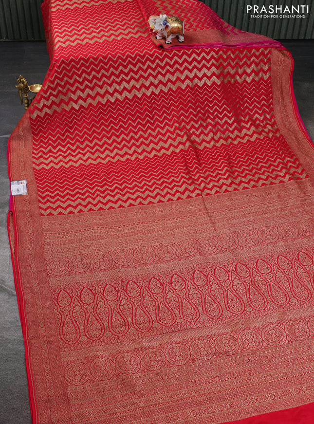 Banarasi crepe saree red and pink with allover geometric zari weaves and woven border