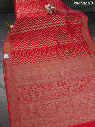 Banarasi crepe saree red and pink with allover geometric zari weaves and woven border