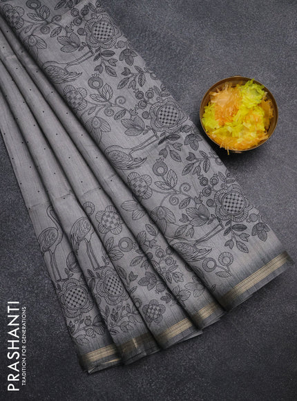 Semi tussar saree grey with allover butta prints and long printed border