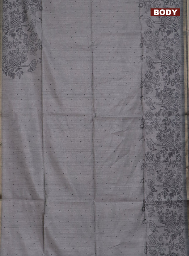 Semi tussar saree grey with allover butta prints and long printed border