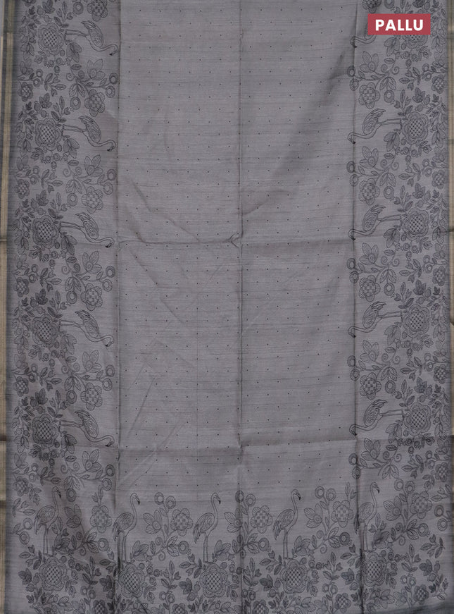 Semi tussar saree grey with allover butta prints and long printed border