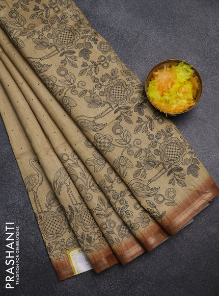 Semi tussar saree sandal with allover butta prints and long printed border