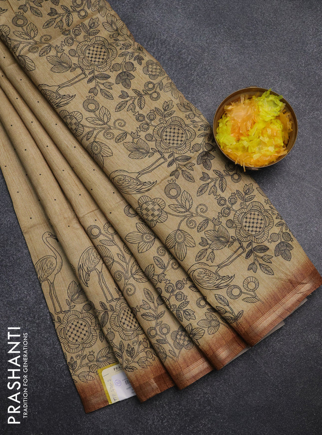 Semi tussar saree sandal with allover butta prints and long printed border