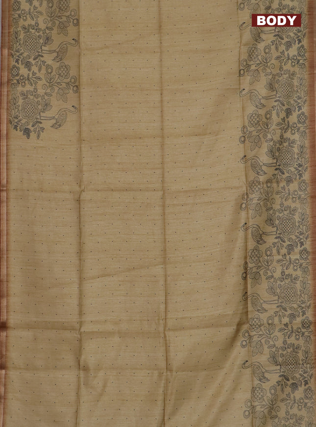 Semi tussar saree sandal with allover butta prints and long printed border