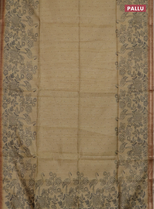 Semi tussar saree sandal with allover butta prints and long printed border