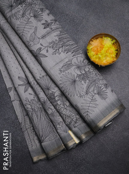 Semi tussar saree grey with allover butta prints and long printed border