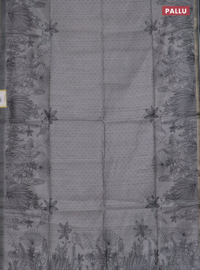 Semi tussar saree grey with allover butta prints and long printed border