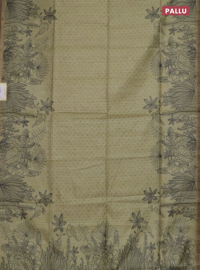 Semi tussar saree pastel green with allover butta prints and long printed border
