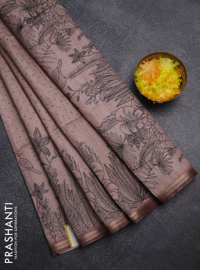 Semi tussar saree pastel brown with allover butta prints and long printed border