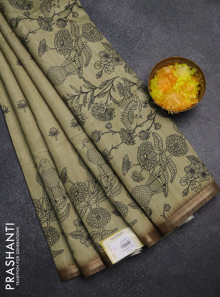 Semi tussar saree pastel green with allover butta prints and long printed border