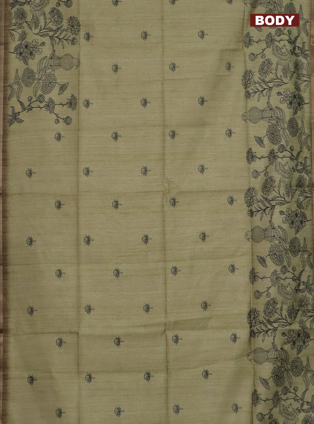 Semi tussar saree pastel green with allover butta prints and long printed border