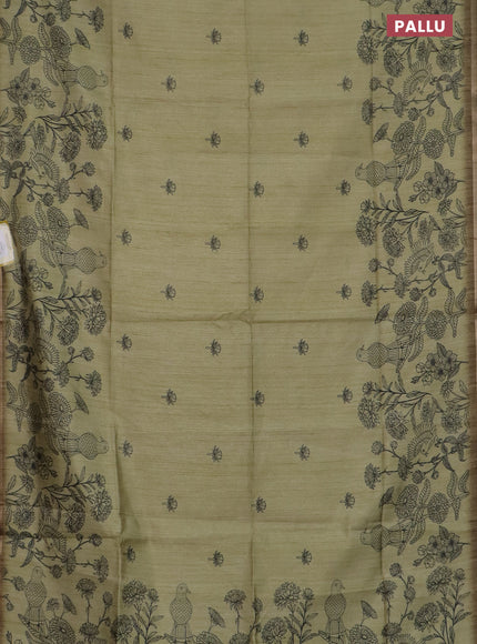 Semi tussar saree pastel green with allover butta prints and long printed border