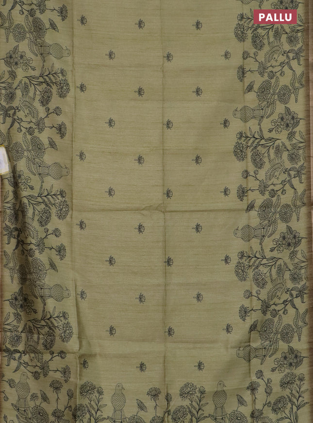 Semi tussar saree pastel green with allover butta prints and long printed border