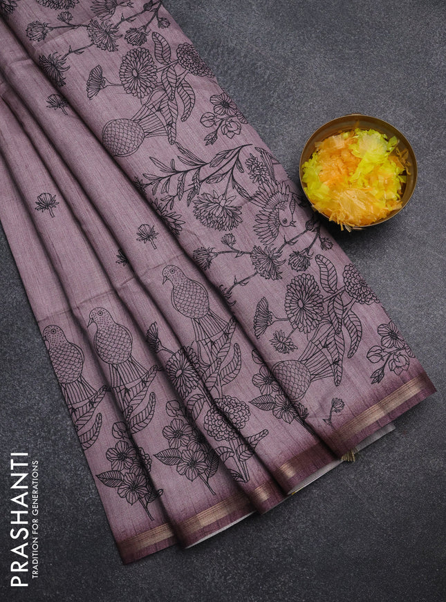 Semi tussar saree pastel pink with allover butta prints and long printed border