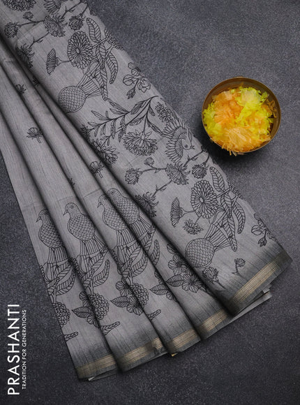Semi tussar saree grey with allover butta prints and long printed border