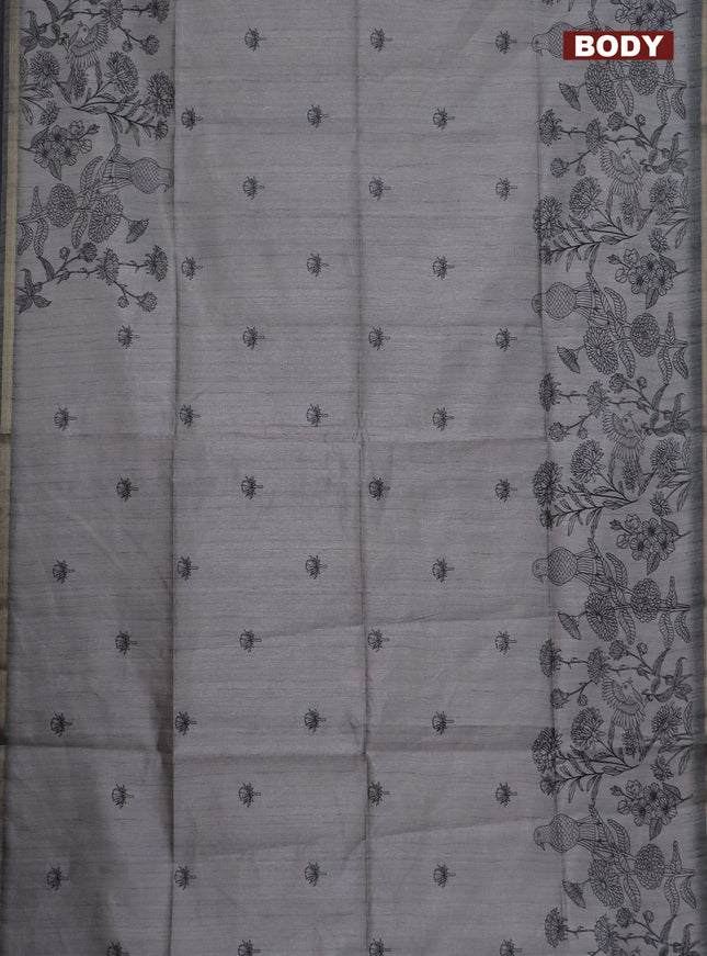 Semi tussar saree grey with allover butta prints and long printed border