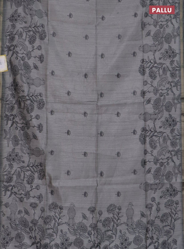 Semi tussar saree grey with allover butta prints and long printed border