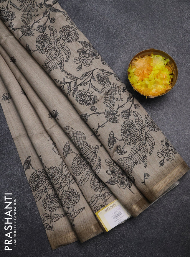 Semi tussar saree dark beige with allover butta prints and long printed border