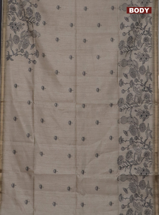 Semi tussar saree dark beige with allover butta prints and long printed border