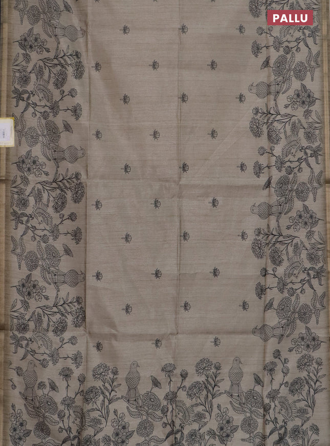 Semi tussar saree dark beige with allover butta prints and long printed border