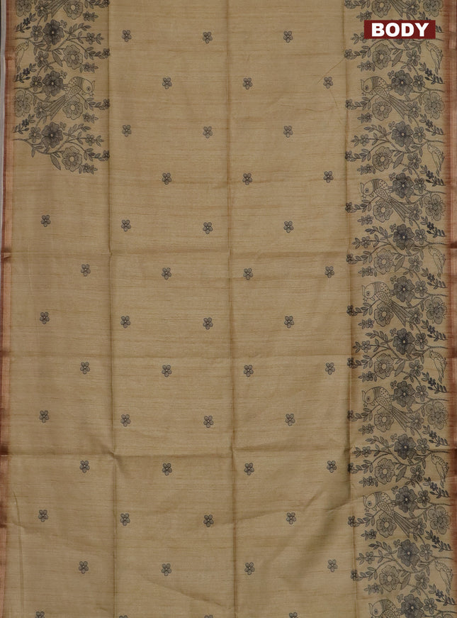 Semi tussar saree sandal with allover floral butta prints and long printed border