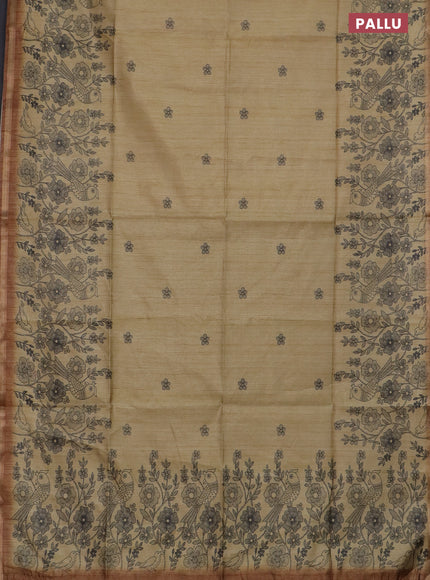 Semi tussar saree sandal with allover floral butta prints and long printed border