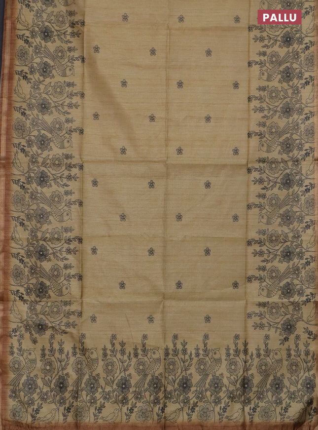 Semi tussar saree sandal with allover floral butta prints and long printed border