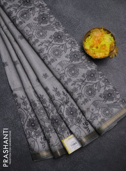 Semi tussar saree grey with allover floral butta prints and long printed border