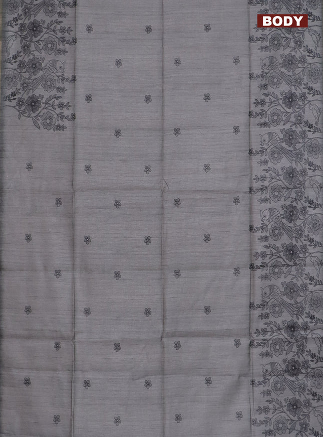 Semi tussar saree grey with allover floral butta prints and long printed border