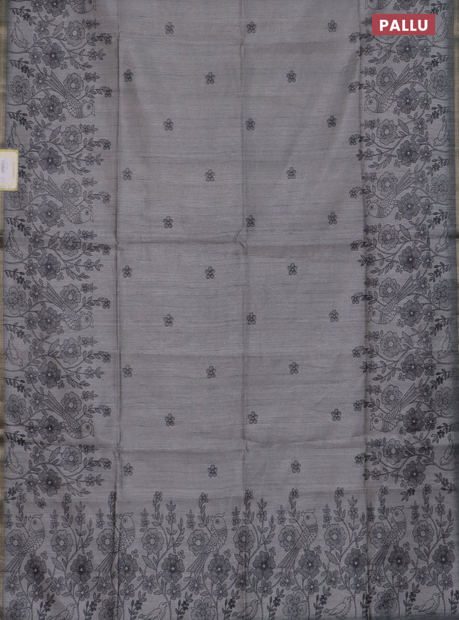 Semi tussar saree grey with allover floral butta prints and long printed border