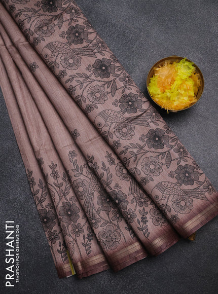 Semi tussar saree pastel brown with allover floral butta prints and long printed border