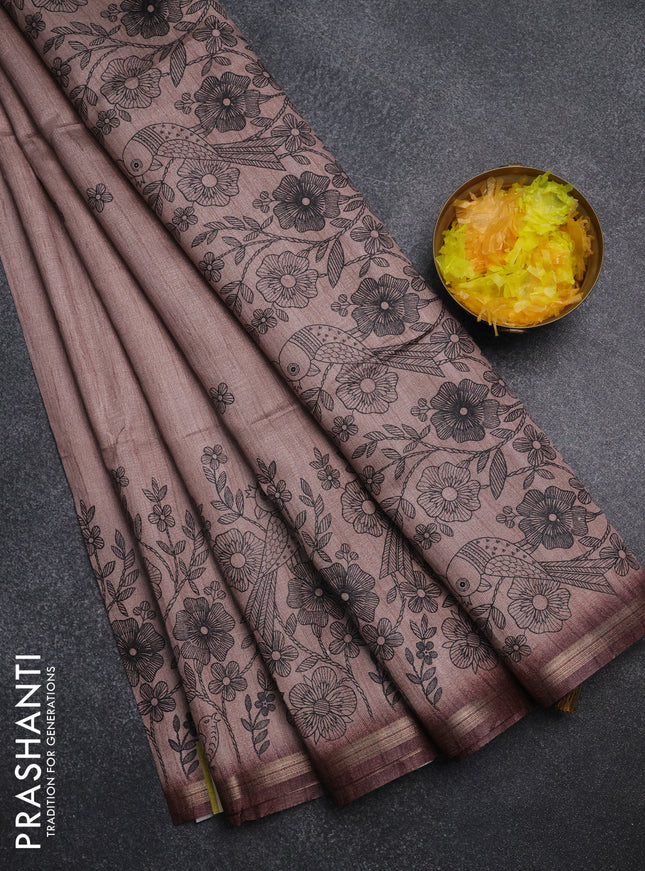 Semi tussar saree pastel brown with allover floral butta prints and long printed border