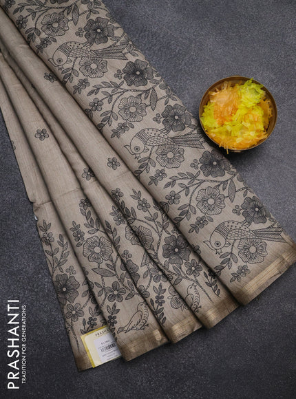 Semi tussar saree beige with allover floral butta prints and long printed border