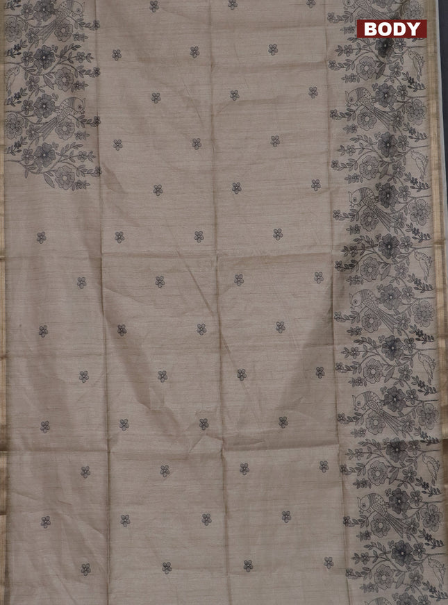 Semi tussar saree beige with allover floral butta prints and long printed border