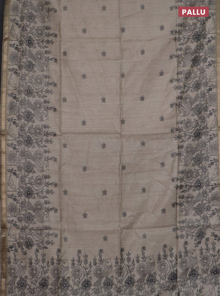Semi tussar saree beige with allover floral butta prints and long printed border