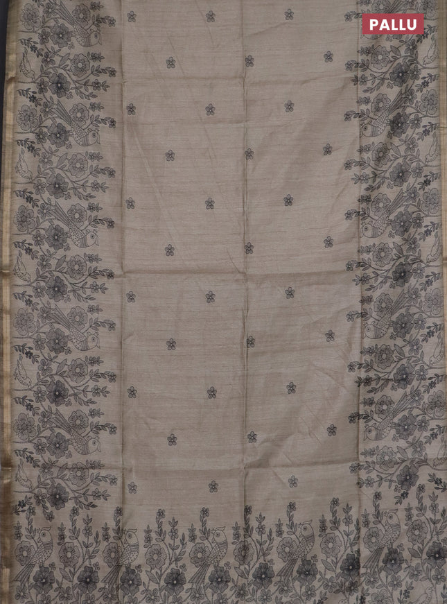 Semi tussar saree beige with allover floral butta prints and long printed border