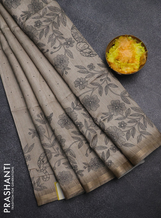 Semi tussar saree beige with allover butta prints and long printed border