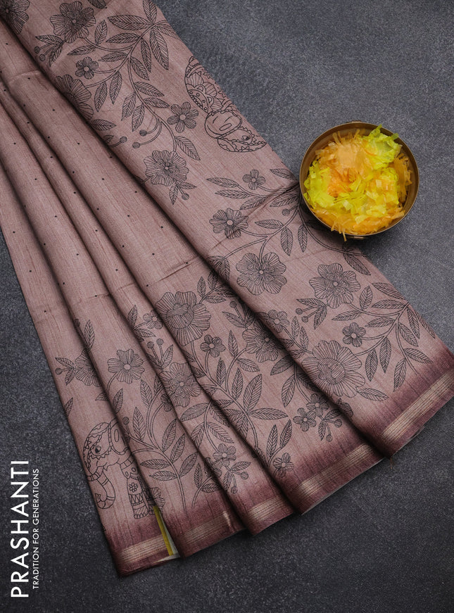 Semi tussar saree pastel brown with allover butta prints and long printed border