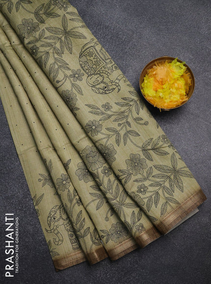 Semi tussar saree pastel green with allover butta prints and long printed border