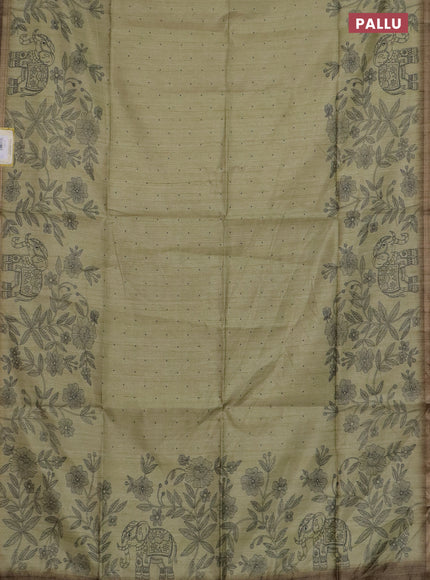 Semi tussar saree pastel green with allover butta prints and long printed border