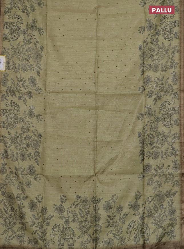 Semi tussar saree pastel green with allover butta prints and long printed border