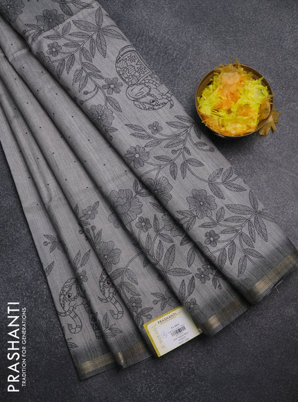 Semi tussar saree grey with allover butta prints and long printed border