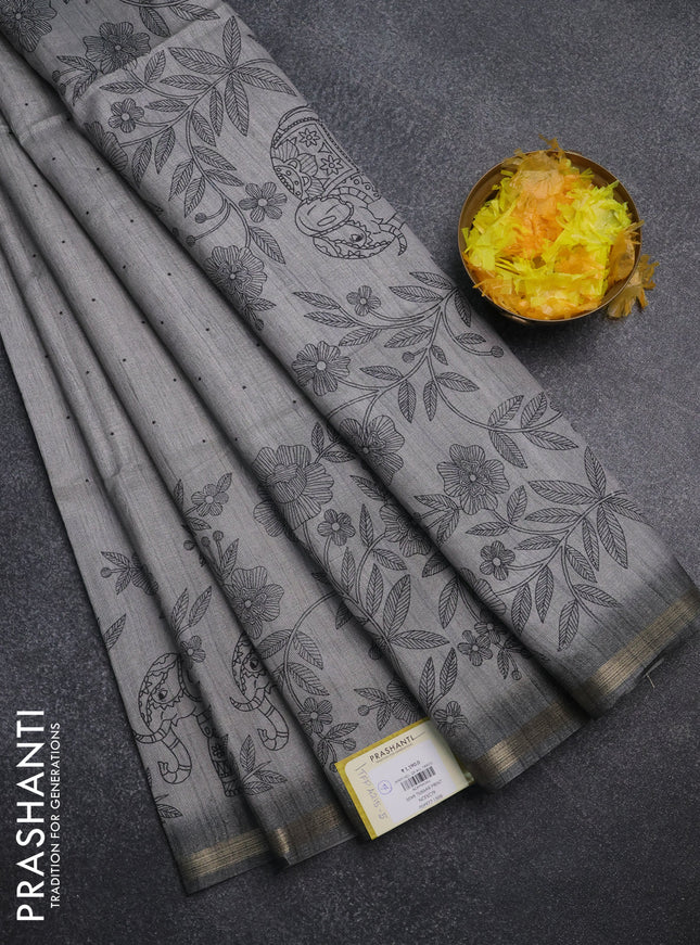 Semi tussar saree grey with allover butta prints and long printed border